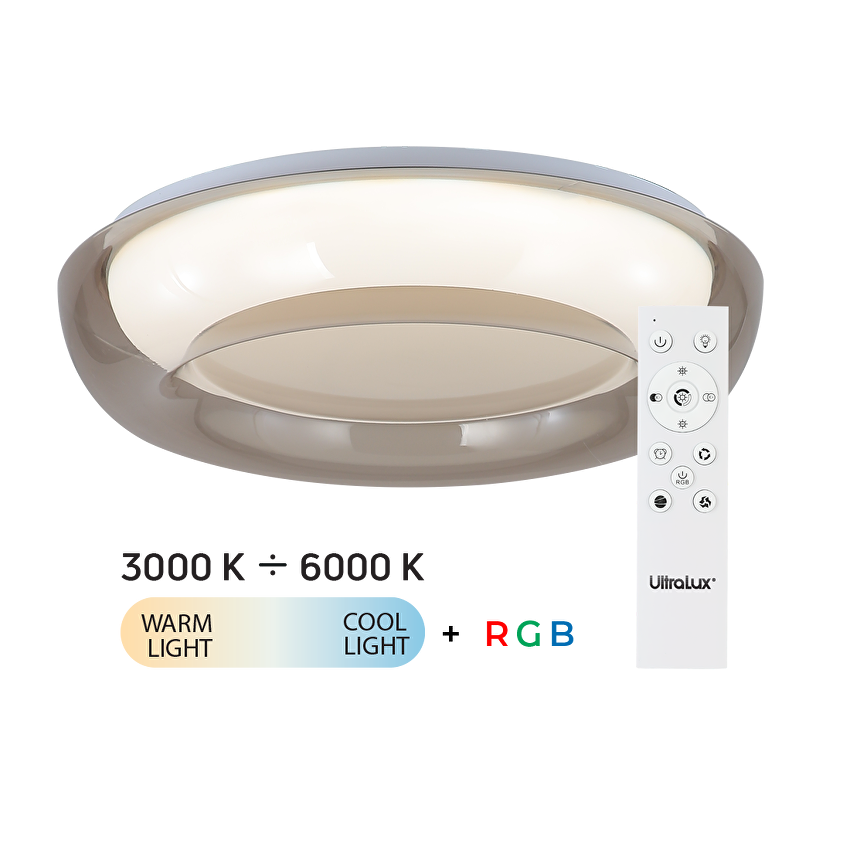 LED димираща ССТ+RGB плафониера с дистанционно управление, опушен кварц, 28W+5W, 3000K-6000К, 220-240V AC, кръг, IP20