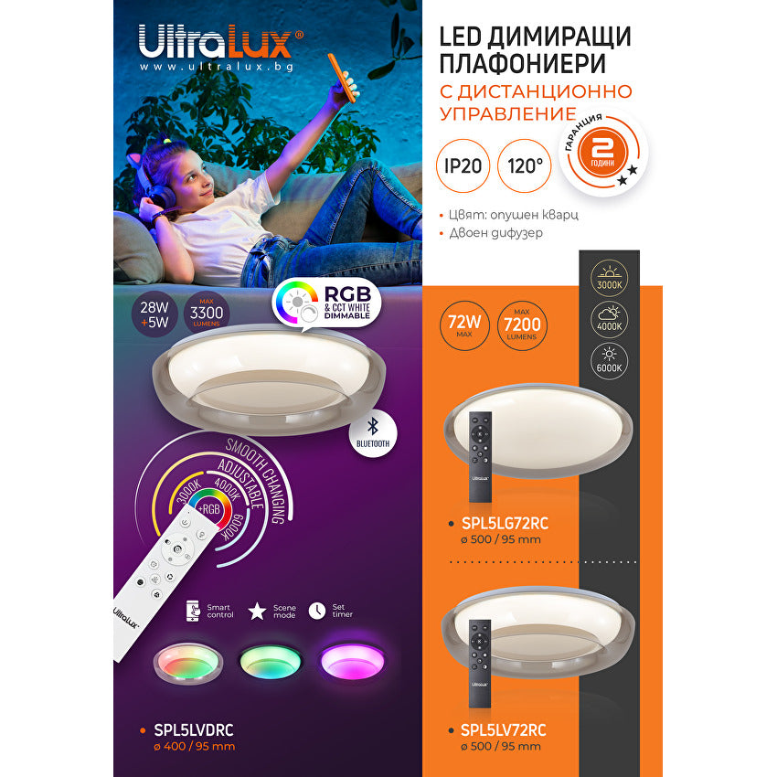 LED димираща ССТ+RGB плафониера с дистанционно управление, опушен кварц, 28W+5W, 3000K-6000К, 220-240V AC, кръг, IP20