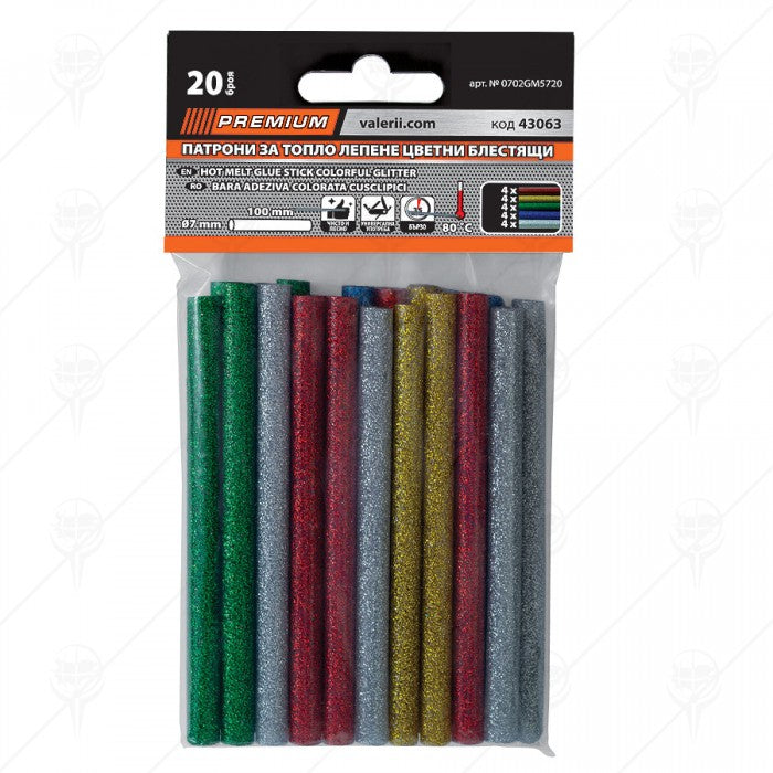 Силикон на пръчки цветни блестящи микс ф7х100мм 20бр.Premium 43063