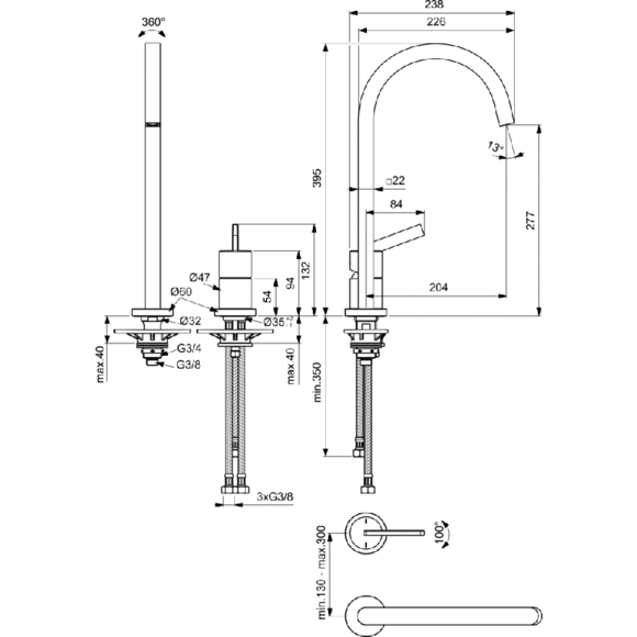 Двудупков смесител за кухня с квадратен висок чучур 218mm, хром GUSTO BD423AA/Ideal Standart