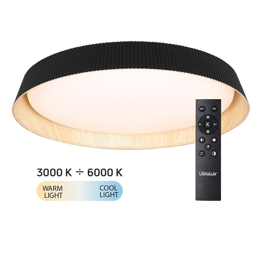 LED димираща ССТ плафониера с дистанционно управление, черен/дърво, max.72W, 3000K-6000К, 220-240V AC, кръг, IP20