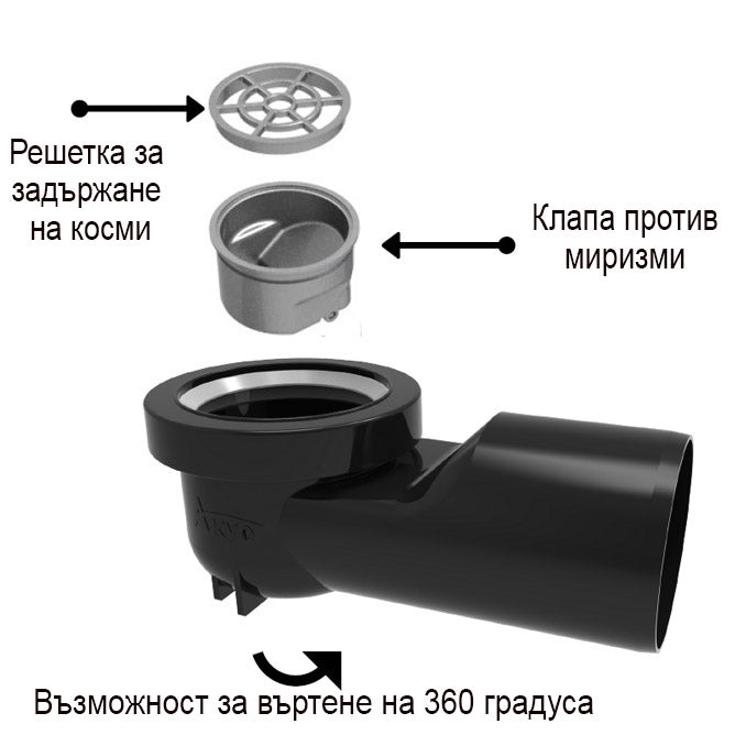 DS-11-CD-1 подов сифон с вгр.стъкло черно 11х11 с рамка от стомана 304 стр.изход ф50 суха клапа