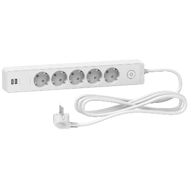 Unica разклонител шуко - 5 гнезда - бял + 2 USB бял Schneider Electric