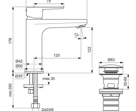 Смесител стоящ за умивалник H120 Cerafine O Ideal Standard BD131RO