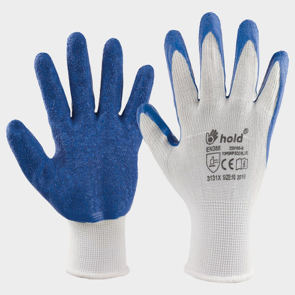 CARD TOPGRIP ECO-BLUE ръкавици от еластичен полиестер 13G топени в латекс 233105-B/9/